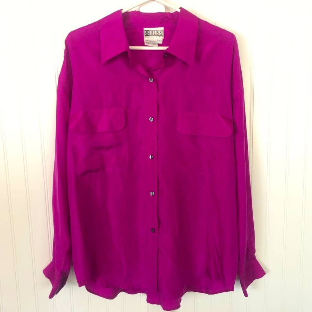 Vintage Oversized Silk Blouse Fuchsia Magenta Pink Purple 100% Silk Large Button